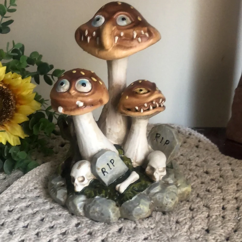 Whimsical Mushroom Figurine with Skulls Halloween Decor